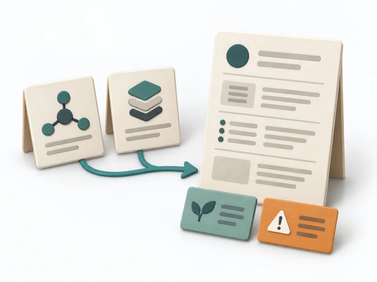 Paper illustration of two considered options leading to a decision record with a marked status and visible consequences.