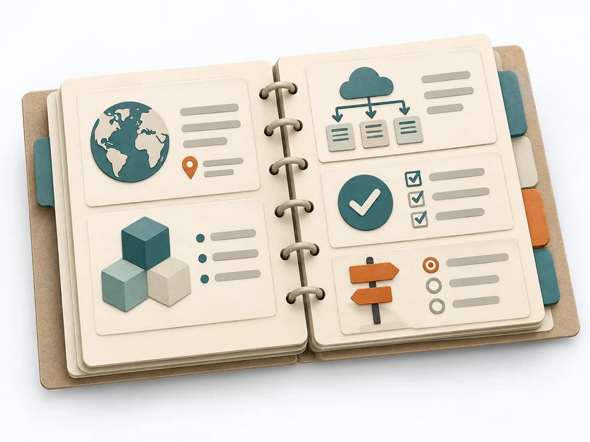 A paper-based illustration representing arc42 with its core stages and visible working result.