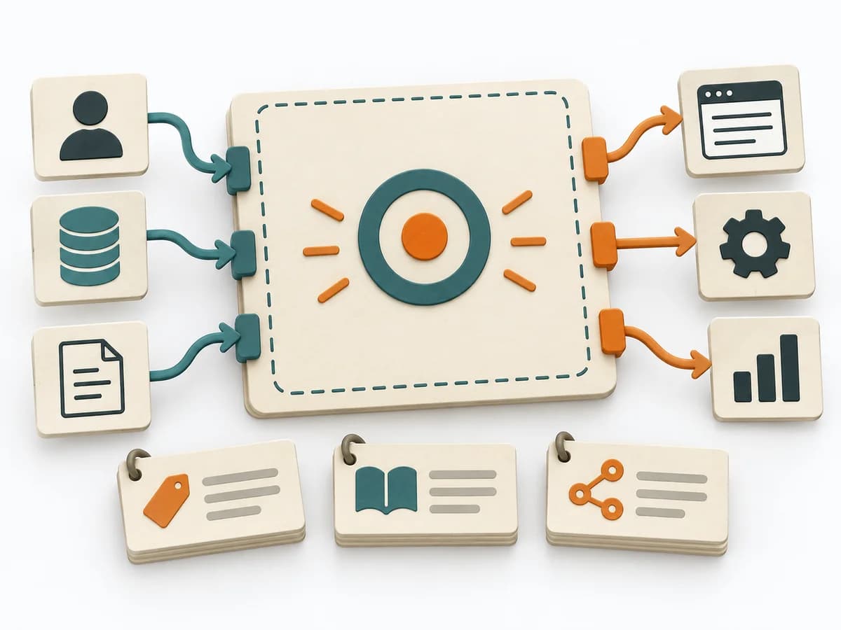Papierillustration zu Bounded Context Canvas mit den zentralen Arbeitsschritten und einem sichtbaren Ergebnis.