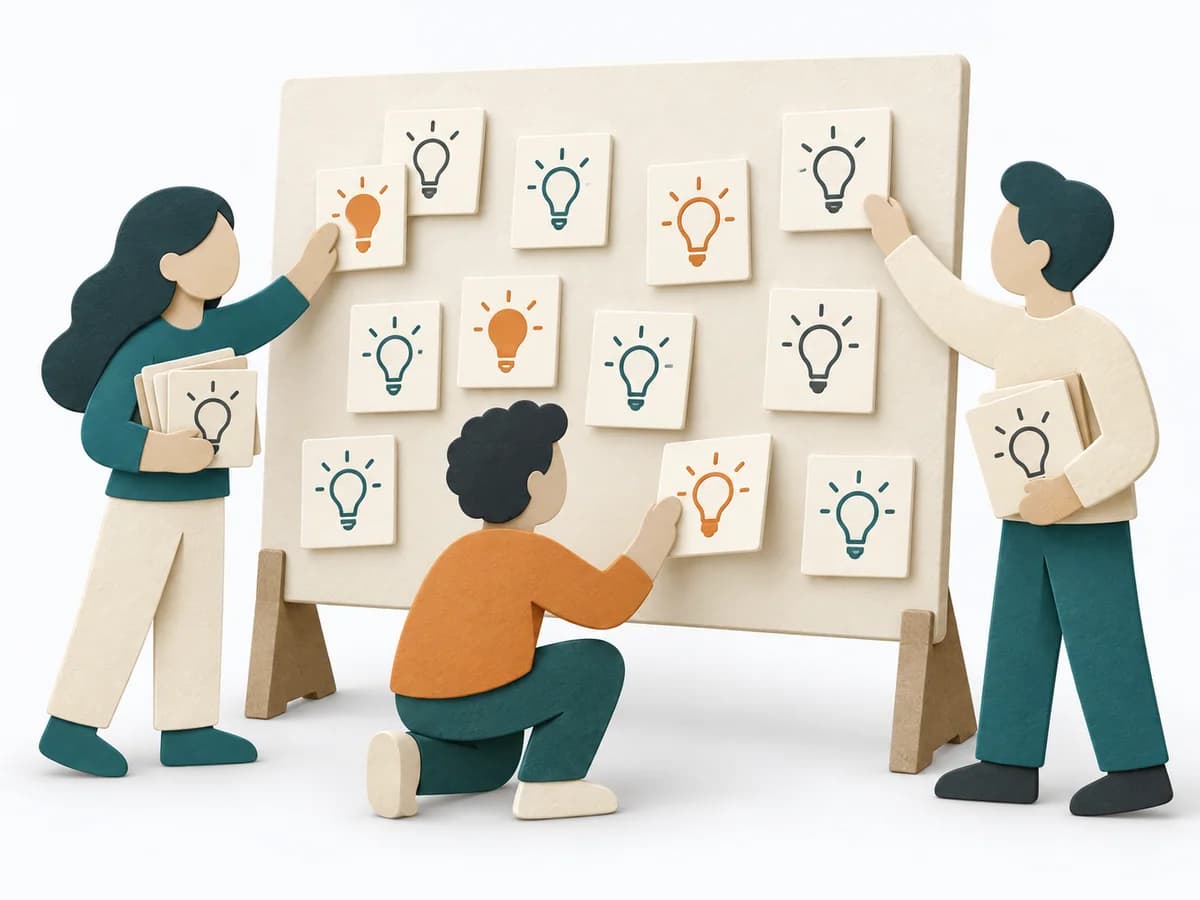 Papierillustration zu Brainstorming mit den zentralen Arbeitsschritten und einem sichtbaren Ergebnis.
