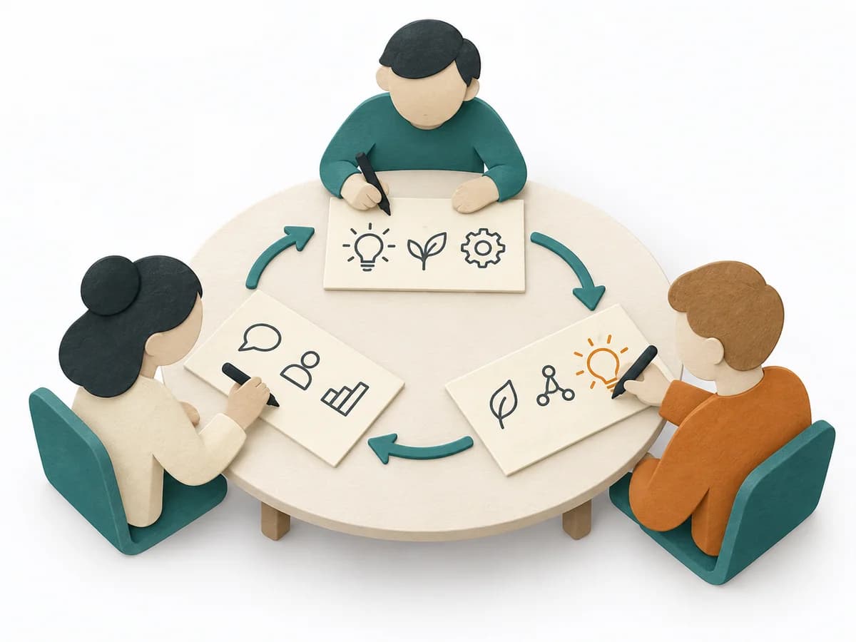 Papierillustration mit mehreren Personen, die Ideen still notieren und einander Blätter mit Pfeilen weiterreichen.