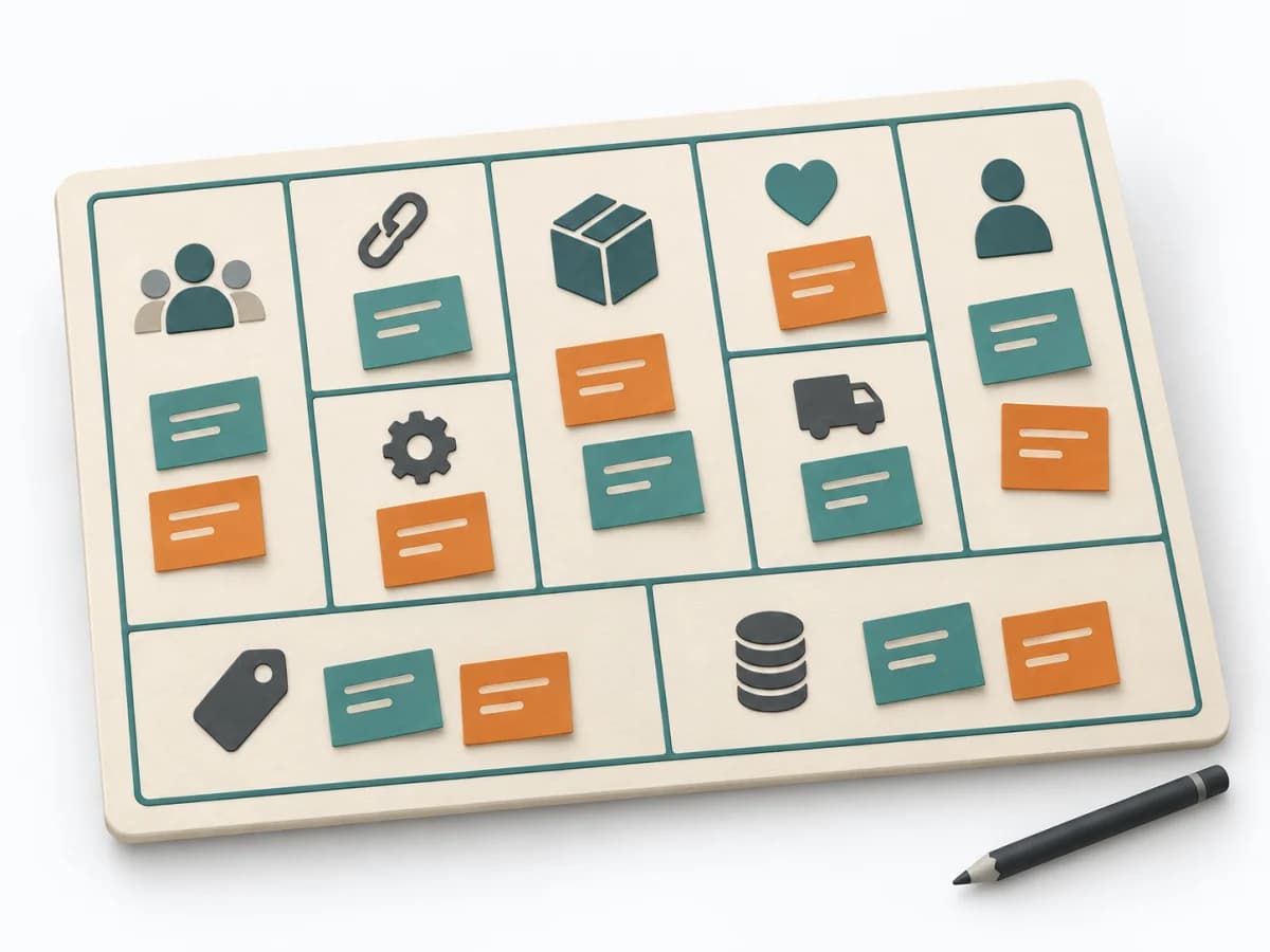Papierillustration eines Business Model Canvas mit neun zusammenhängenden Feldern, wenigen Notizzetteln und Symbolen für Kunden, Leistung und wirtschaftliche Zusammenhänge.