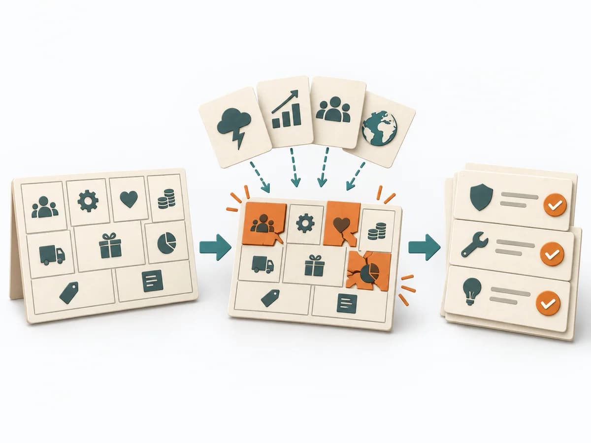 Papierillustration von Business Model Stress Test mit dem methodenspezifischen Arbeitsmodell.