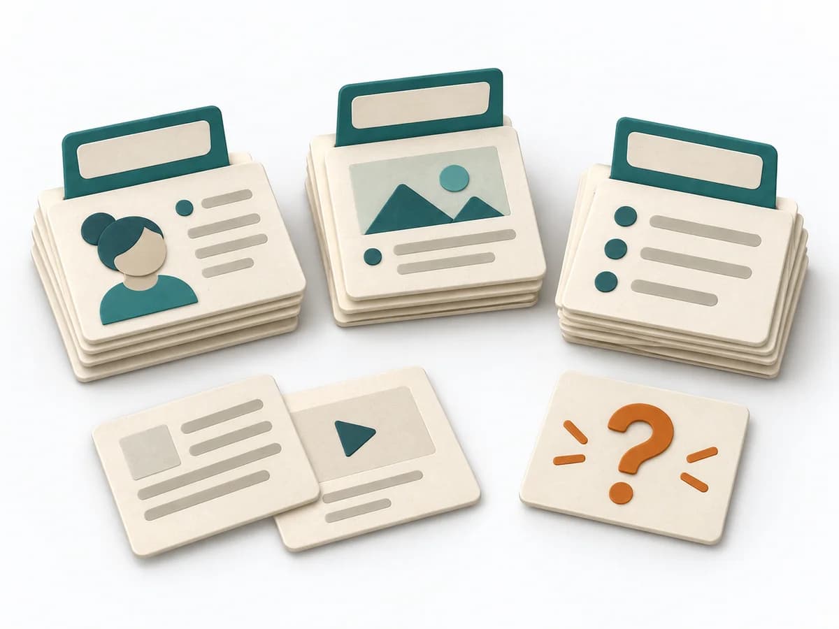 Paper illustration showing three sorted card stacks and an open question about a possible group.