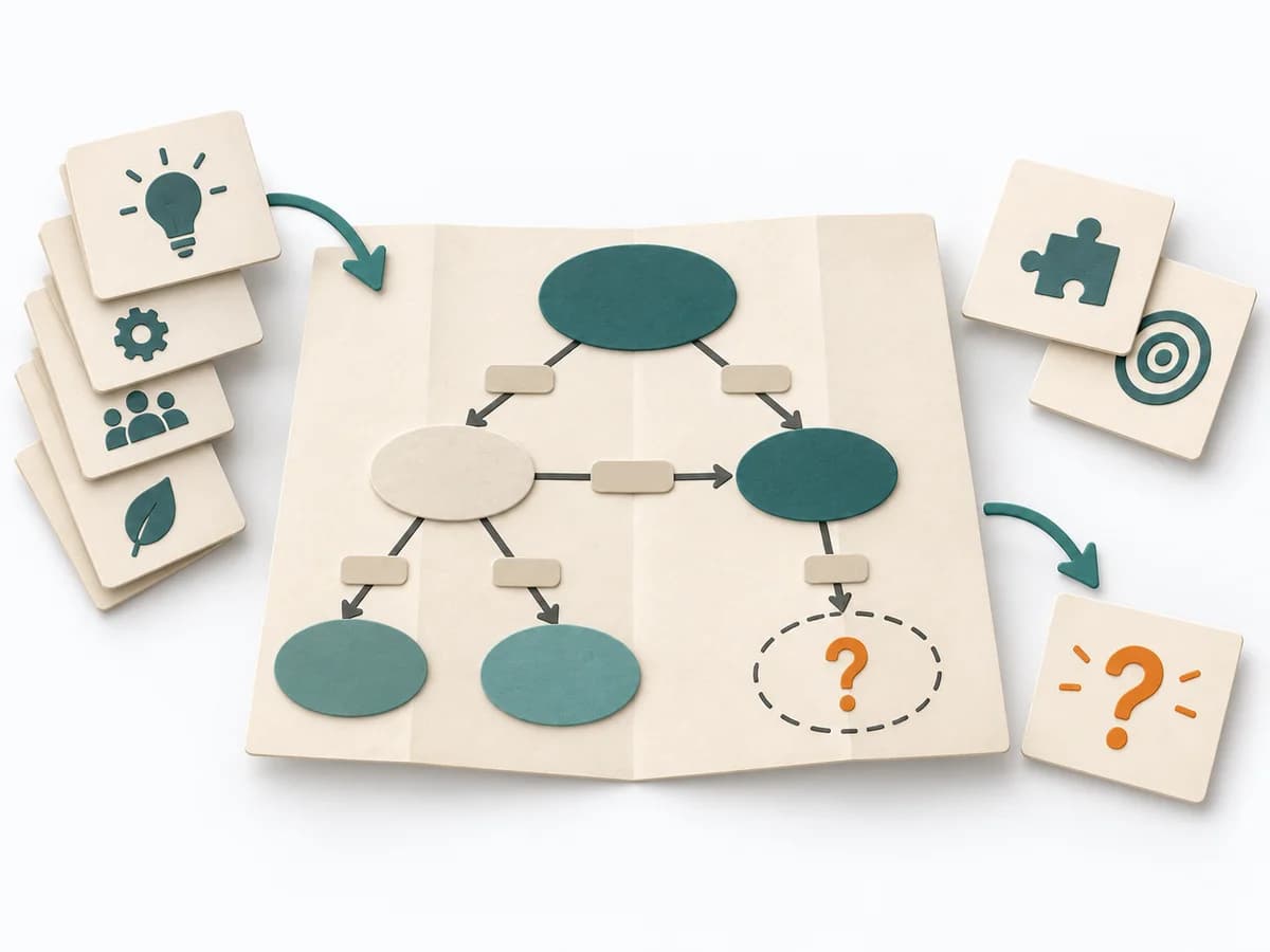 Paper illustration of a Concept Map with concepts and labelled links