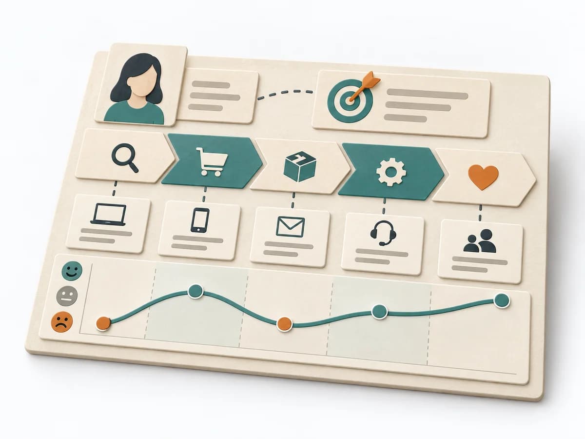 A paper-based illustration representing Customer Journey Canvas with its core stages and visible working result.