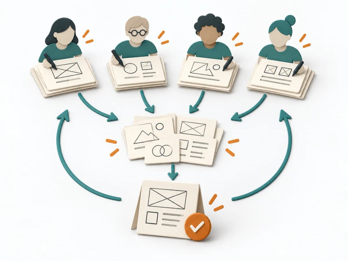 Papierillustration von Design Charrette mit dem methodenspezifischen Arbeitsmodell.