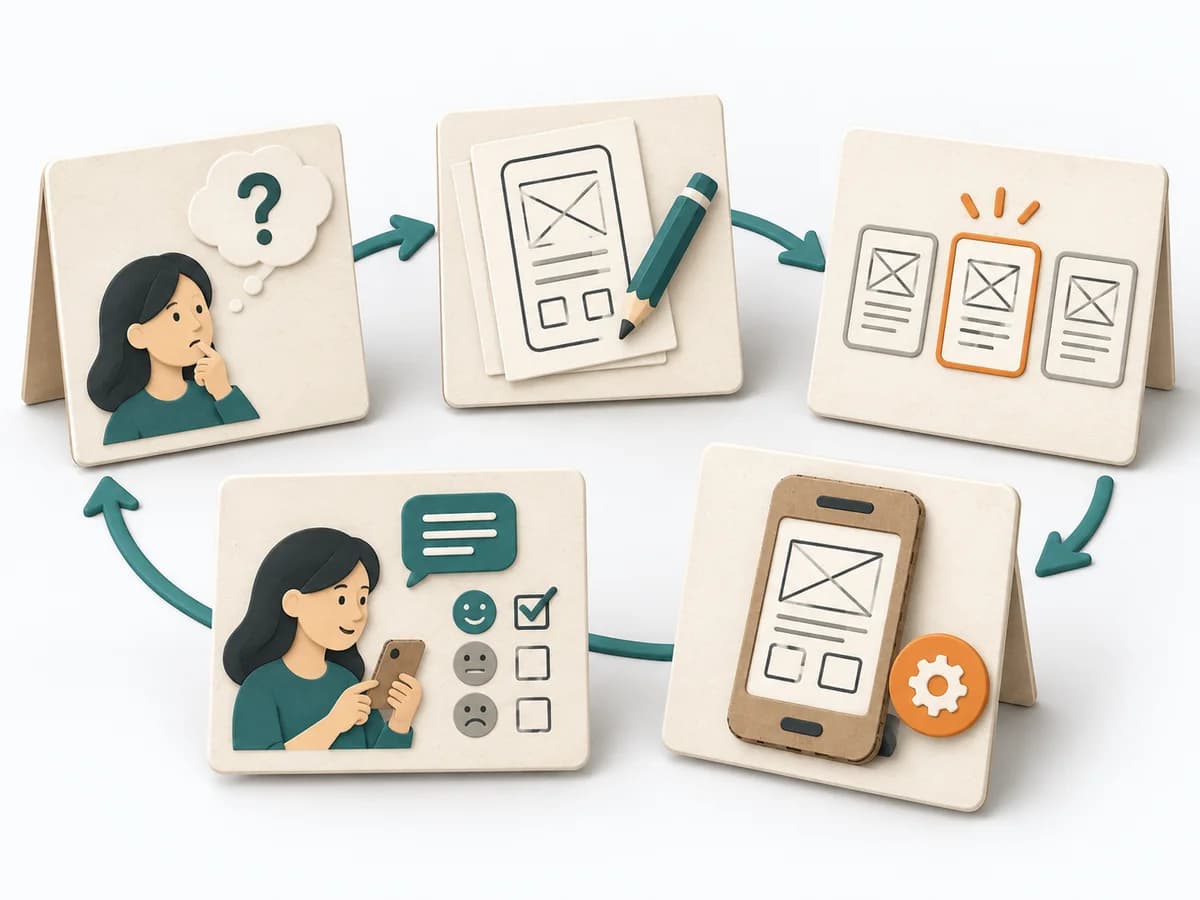 Papierillustration zu Design Sprint mit den zentralen Arbeitsschritten und einem sichtbaren Ergebnis.