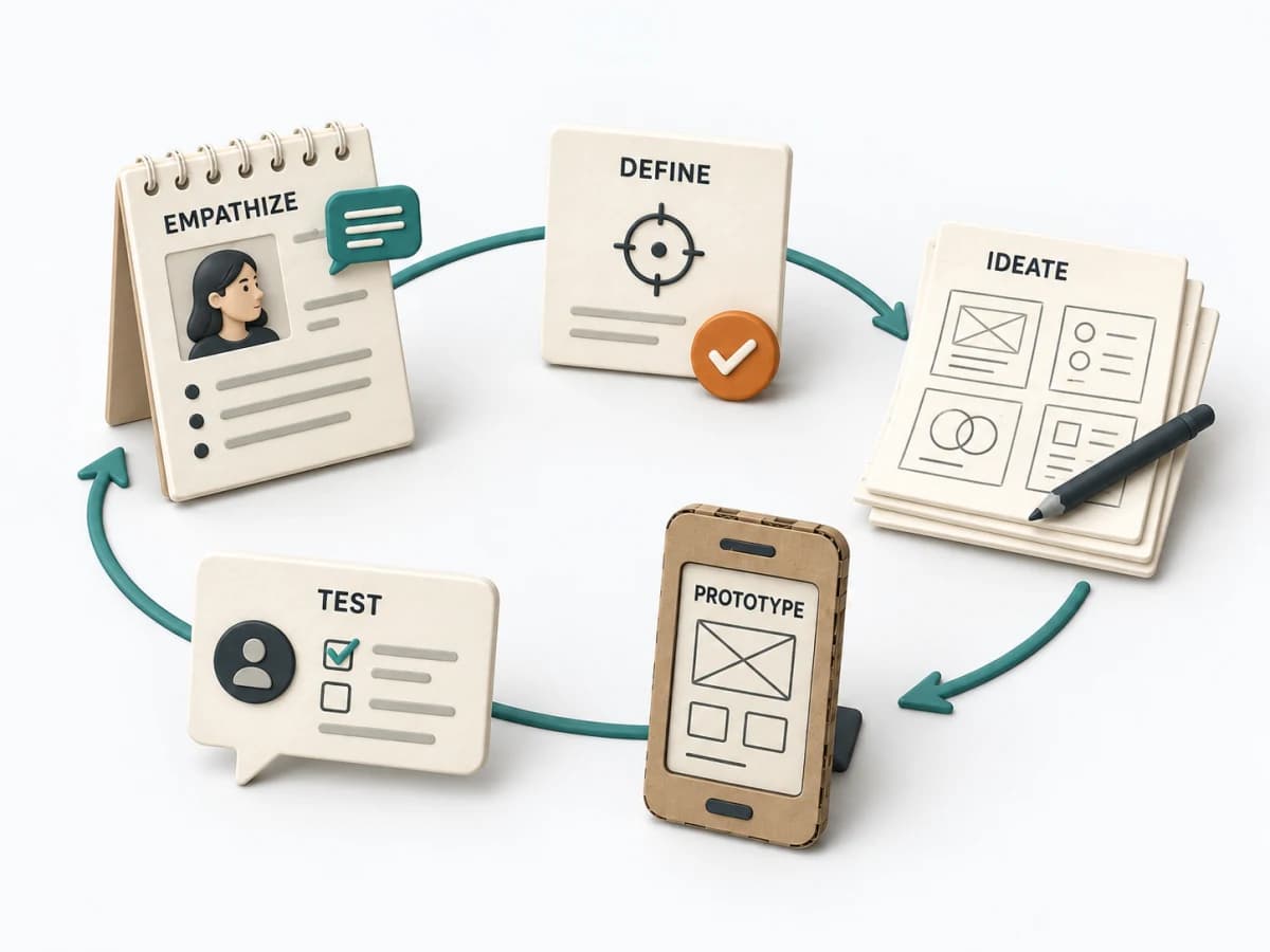 Design Thinking als Lernschleife: Beobachtungen im Notizbuch, ein fokussiertes Problem Statement, unterschiedliche Ideenskizzen, ein Kartonprototyp und Notizen aus Nutzertests. Die Rückkopplung führt zu neuem Verständnis.
