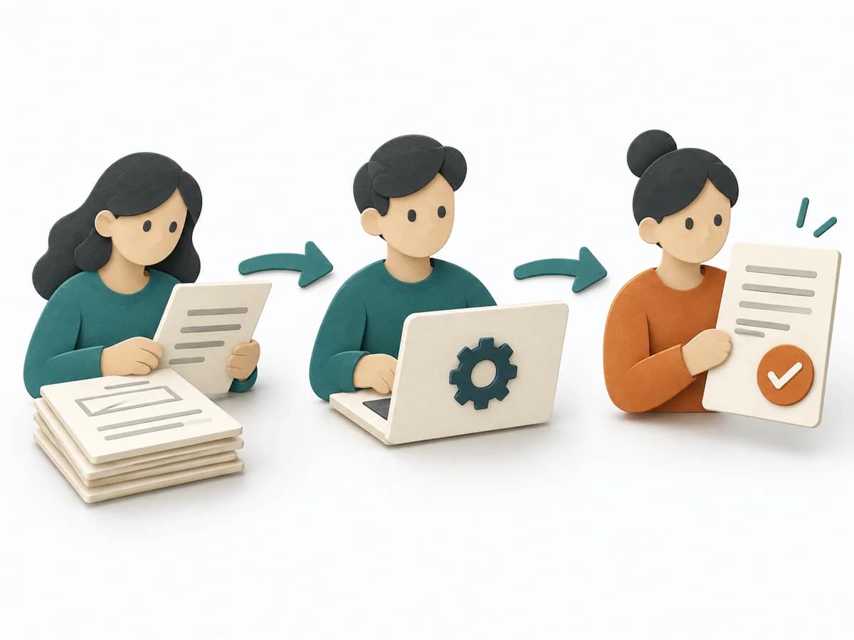 Papierillustration zu Domain Storytelling mit den zentralen Arbeitsschritten und einem sichtbaren Ergebnis.