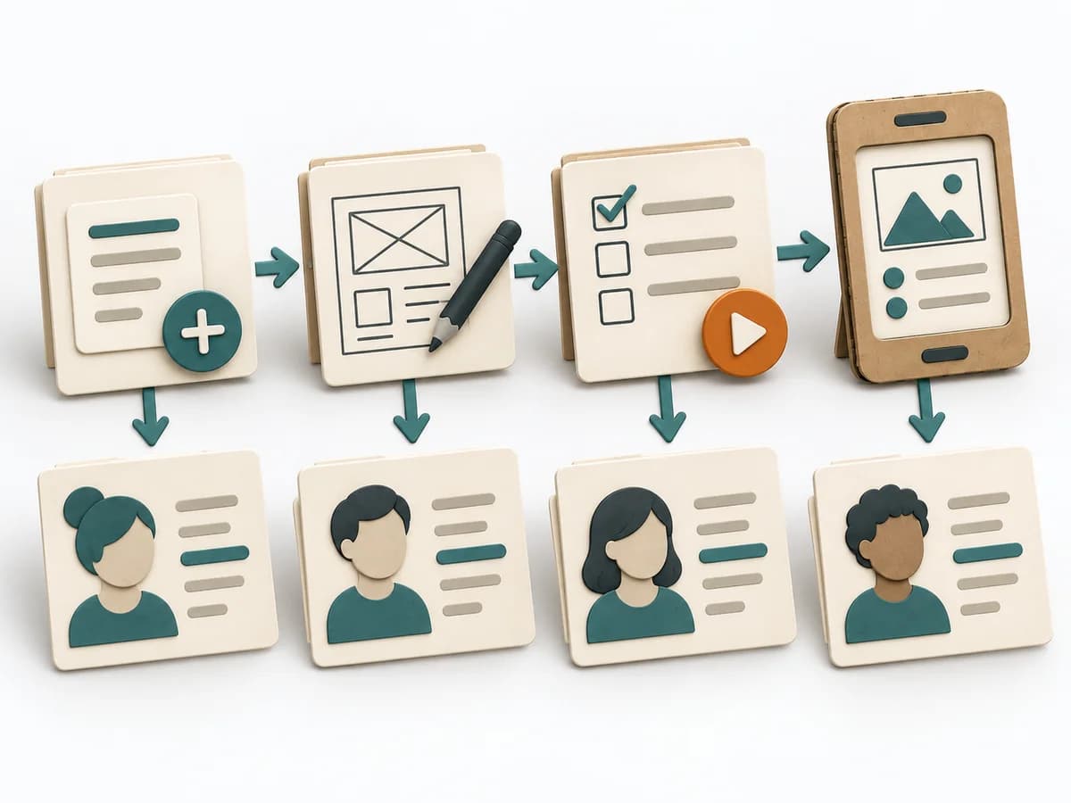 A paper-based illustration representing Event Modeling with its core stages and visible working result.