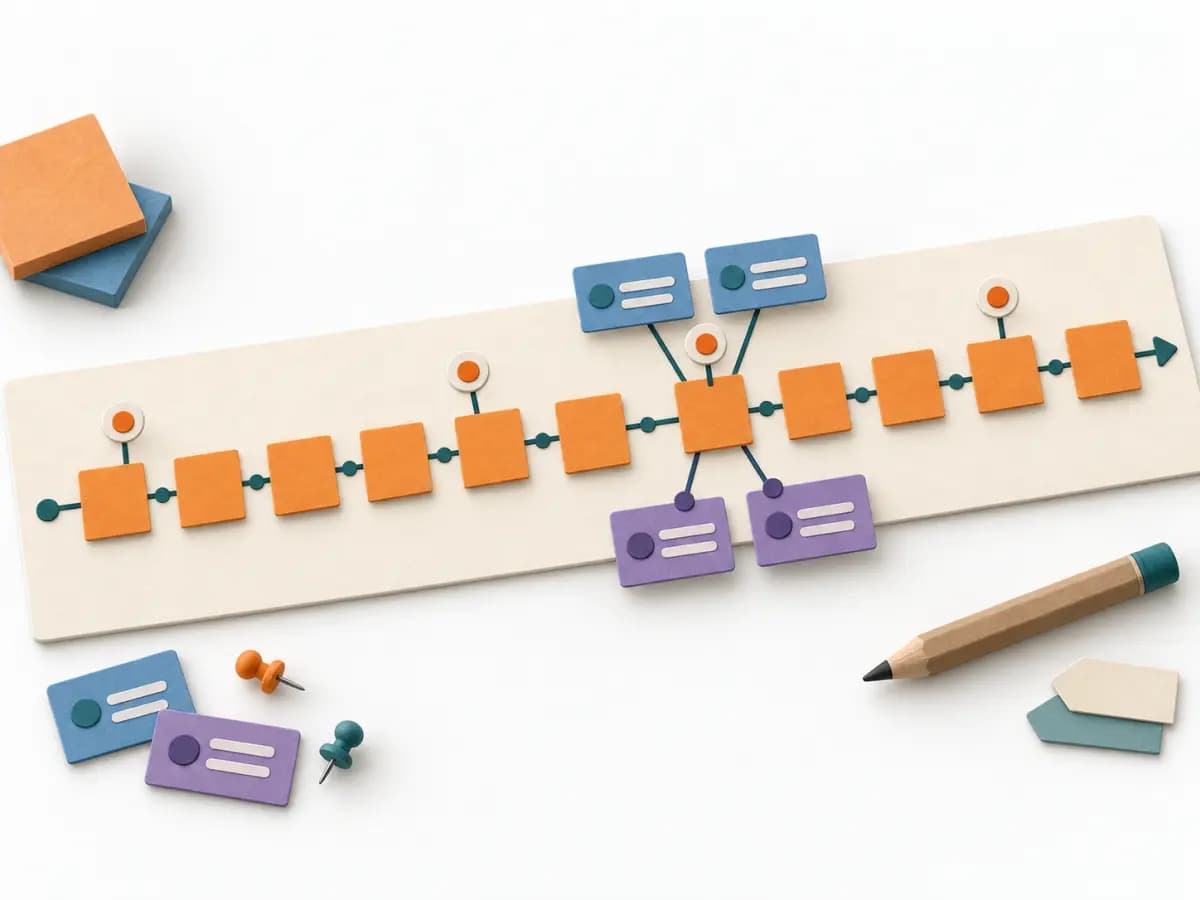 EventStorming on a long working surface: colored event cards form a business flow, friction points are marked, and a boundary separates different areas of responsibility.