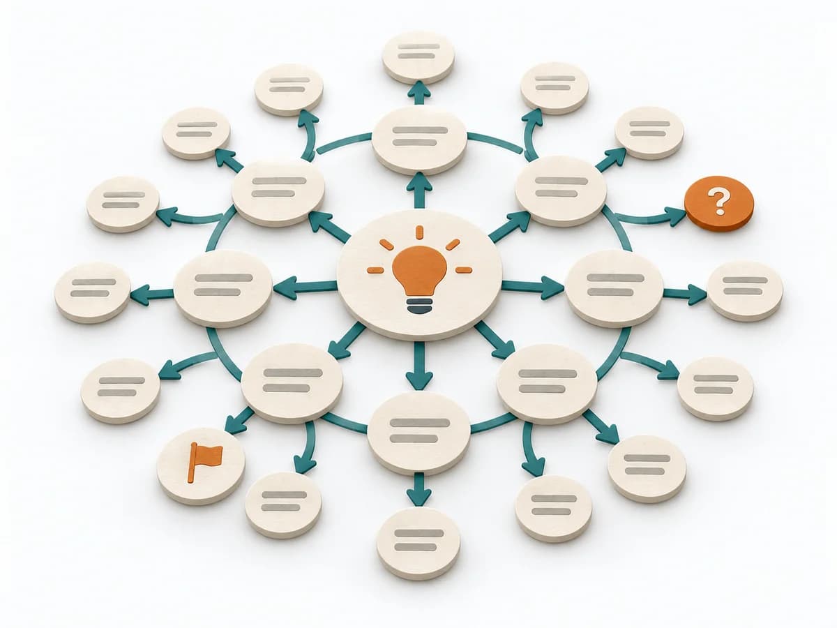 Papierillustration von Futures Wheel mit dem methodenspezifischen Arbeitsmodell.