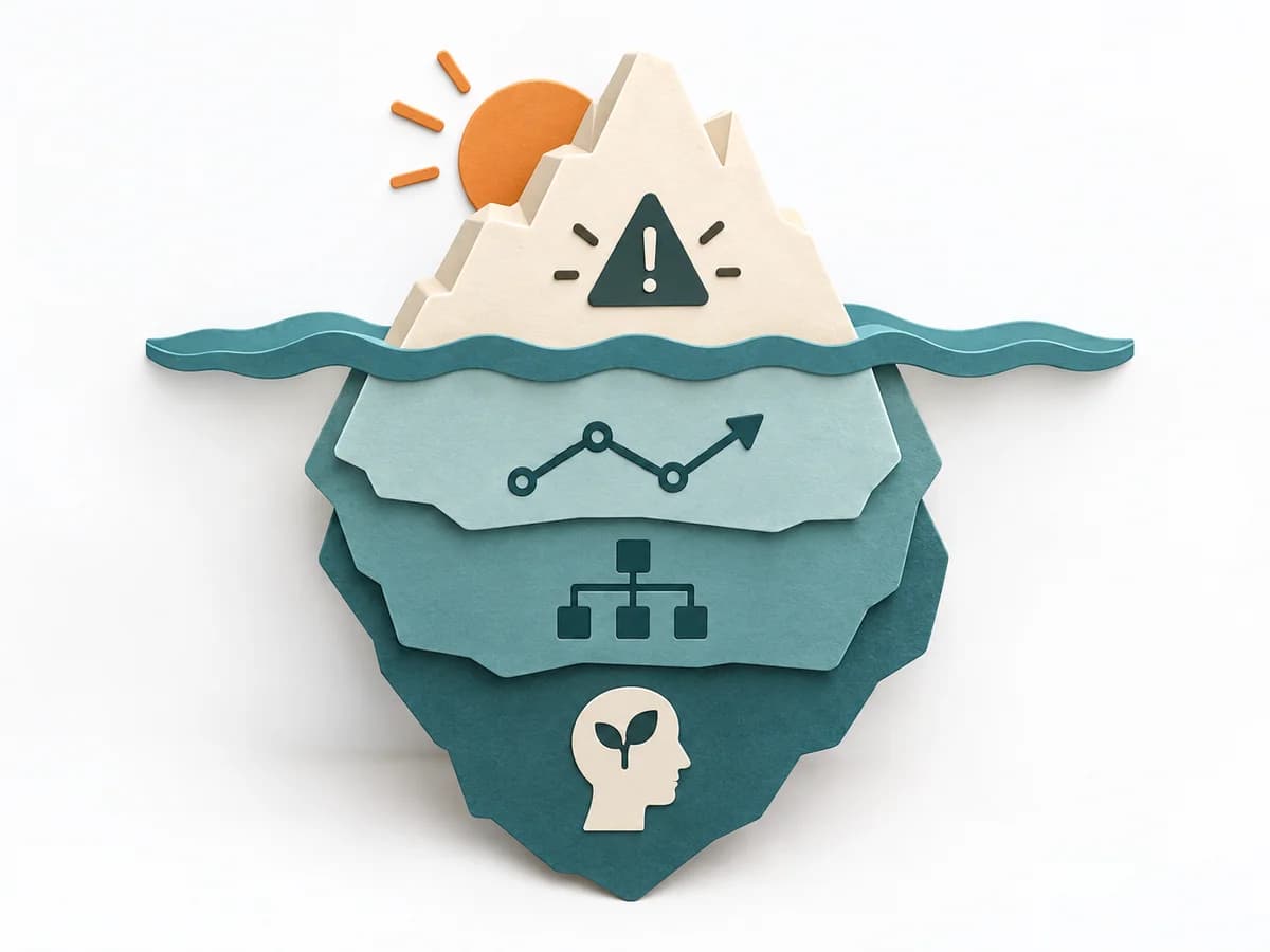 Papierillustration der Methode Iceberg Model mit einer klaren Arbeitsstruktur.