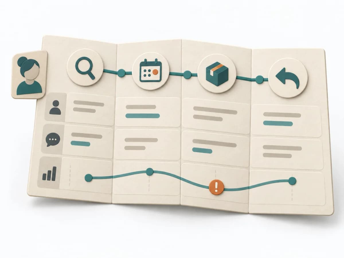 Paper illustration of a journey map with four connected phases, several experience lanes and a point marked for closer investigation.