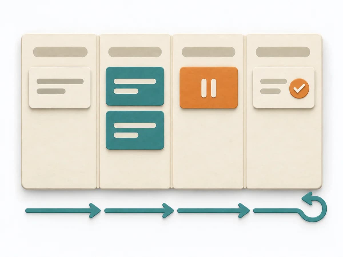 Papierillustration eines Kanban-Boards mit vier Spalten, begrenzter laufender Arbeit, einer sichtbaren Blockade und einer Schleife für die Überprüfung.