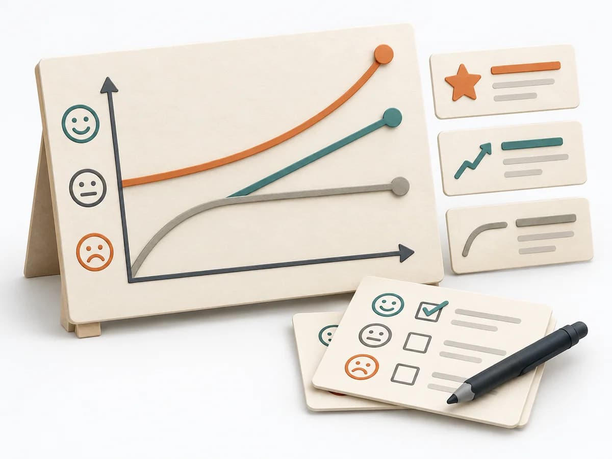 A paper-based illustration representing Kano Model with its core stages and visible working result.