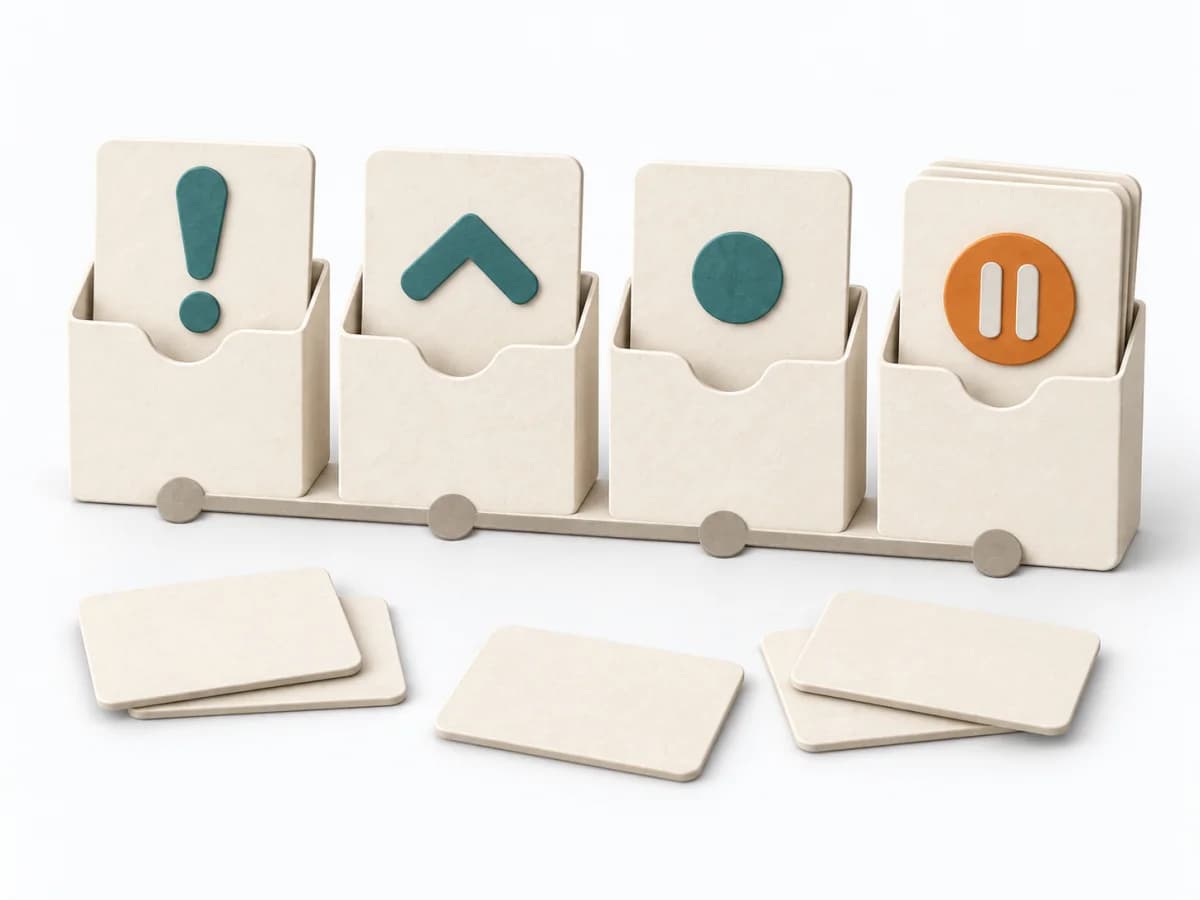 Papierillustration eines MoSCoW-Boards mit vier Spalten und sichtbarer Release-Grenze.