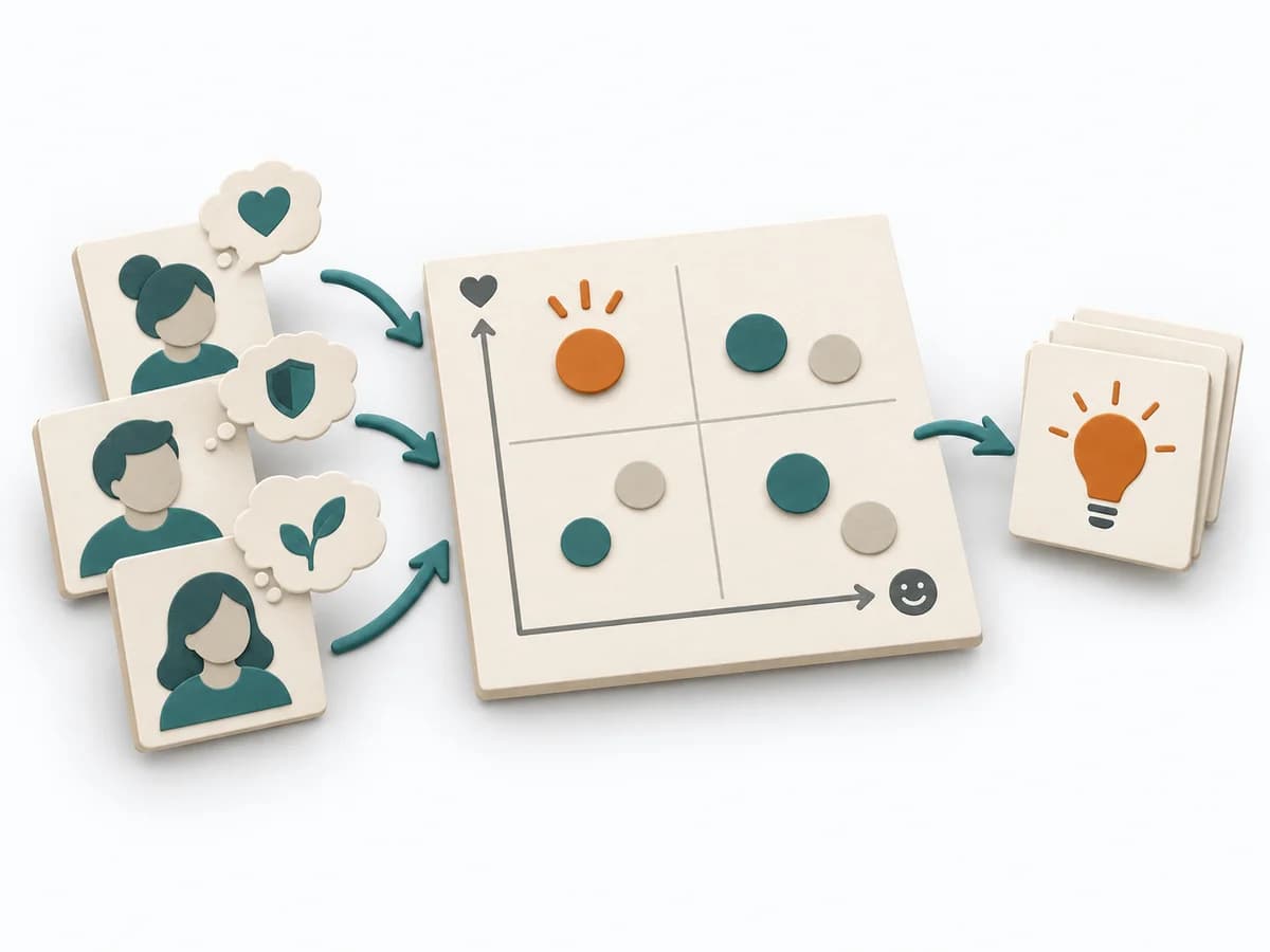 Papierillustration von Outcome-Driven Innovation mit dem methodenspezifischen Arbeitsmodell.