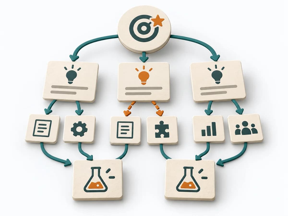 Papierillustration eines verzweigten Baums mit Outcome an der Wurzel, darunter Kunden-Opportunities, Lösungsoptionen und kleinen Experimentkarten.