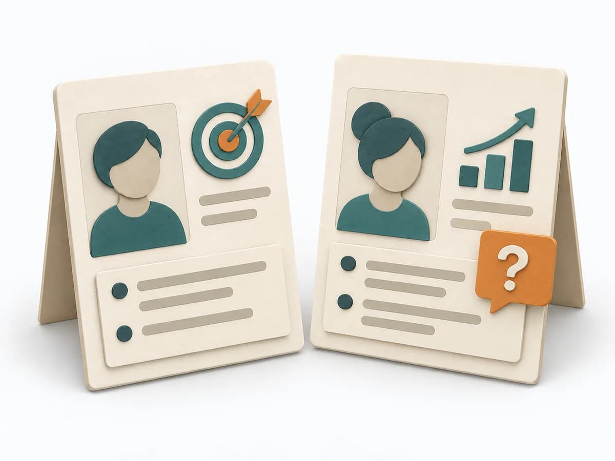 Paper illustration of two user profile cards with a goal, behavior evidence, and an open research question.