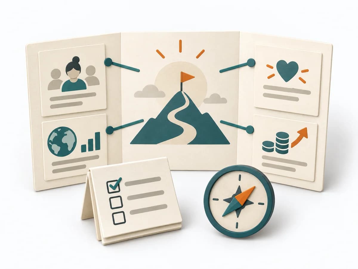 Papierillustration von Product Vision Board mit dem methodenspezifischen Arbeitsmodell.