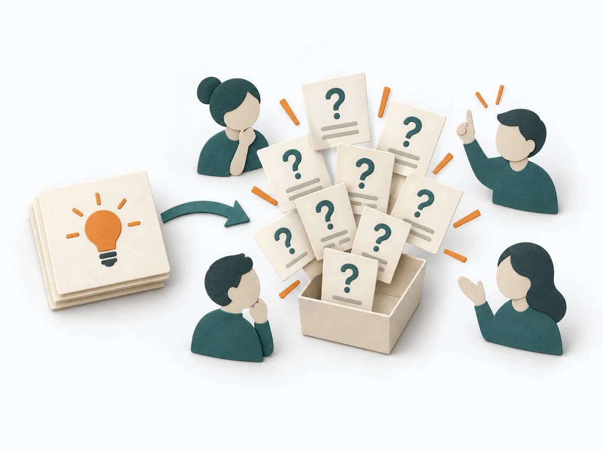 Paper illustration of many question cards around one challenge