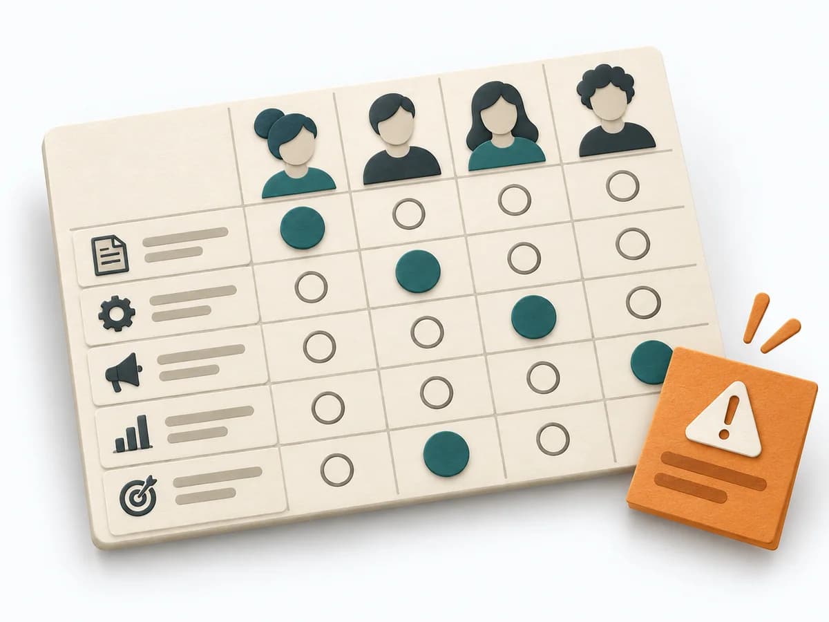 Papierillustration einer Aufgaben-Rollen-Tabelle mit klaren RACI-Kennzeichen und einer hervorgehobenen accountable Rolle je Aufgabe.