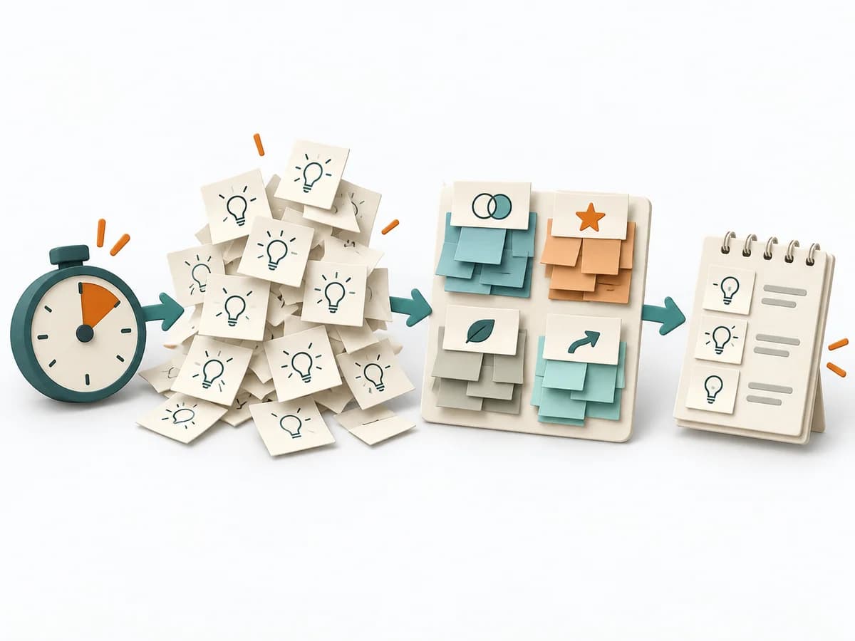 Papierillustration von Rapid Ideation mit dem methodenspezifischen Arbeitsmodell.