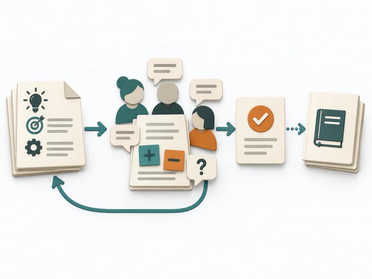 Papierillustration von Request for Comments (RFC) mit dem methodenspezifischen Arbeitsmodell.