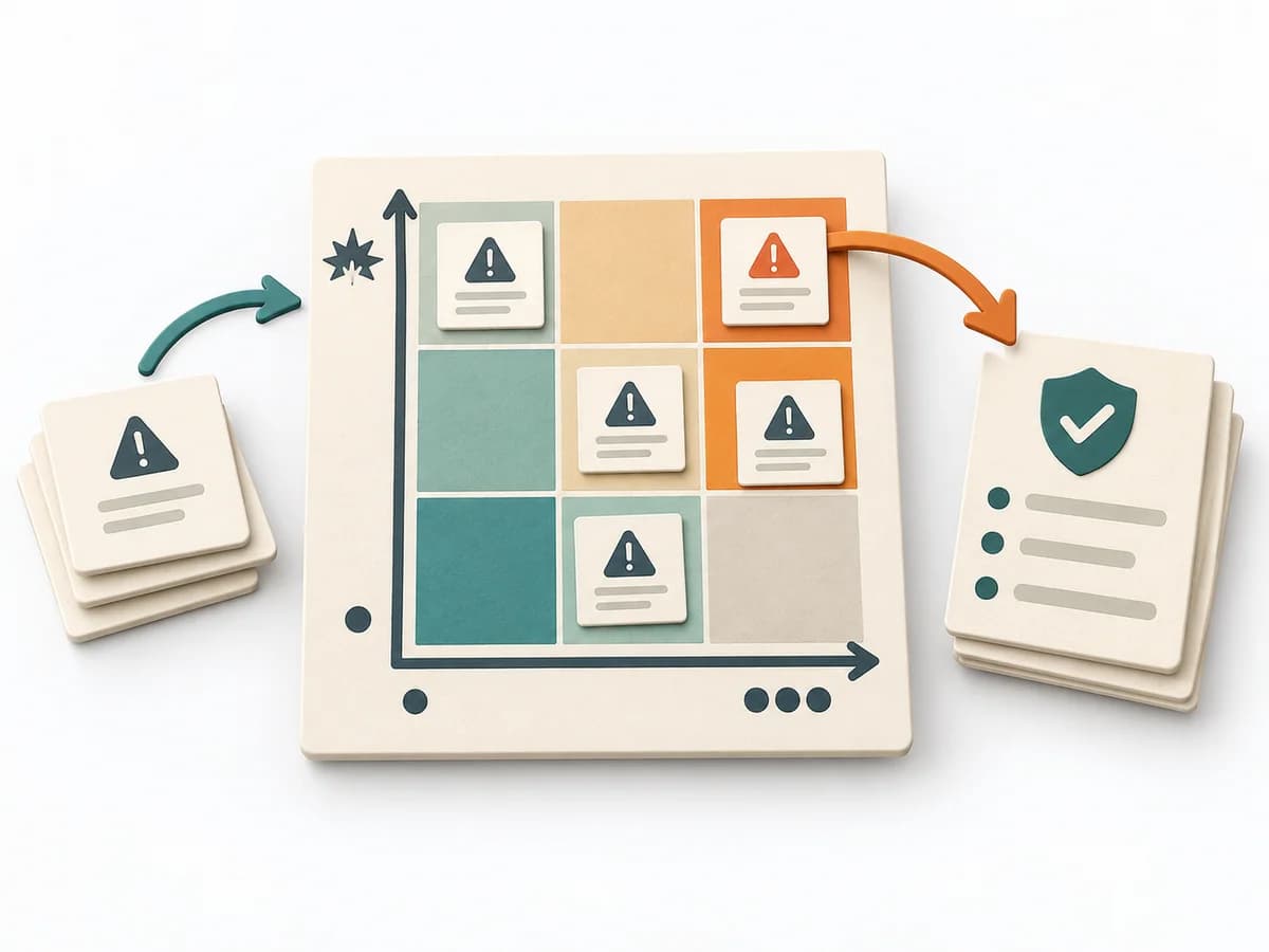Paper illustration of a calibrated five-by-five risk matrix with response cards.