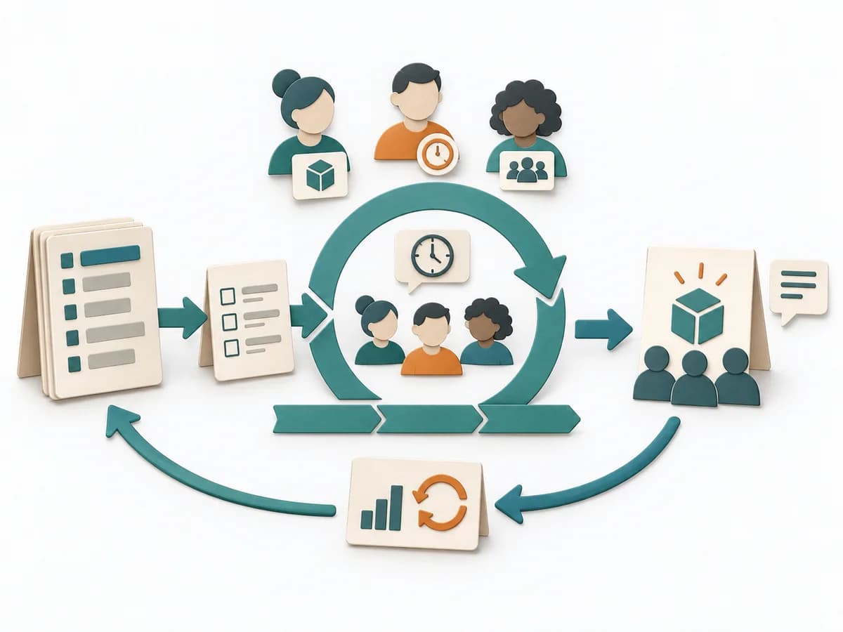 Papierillustration von Scrum mit dem methodenspezifischen Arbeitsmodell.