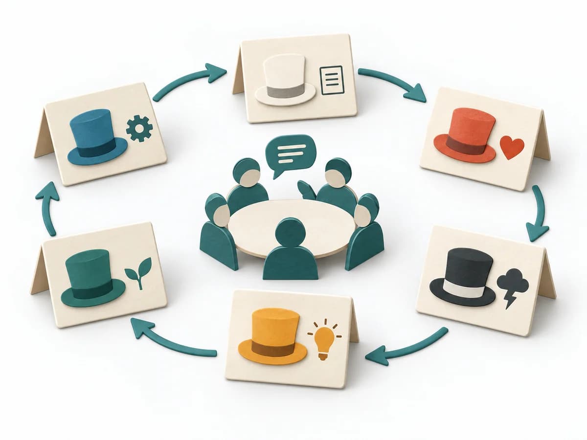 Paper matrix with six colored hat cards for information, feeling, value, caution, ideas and process control.