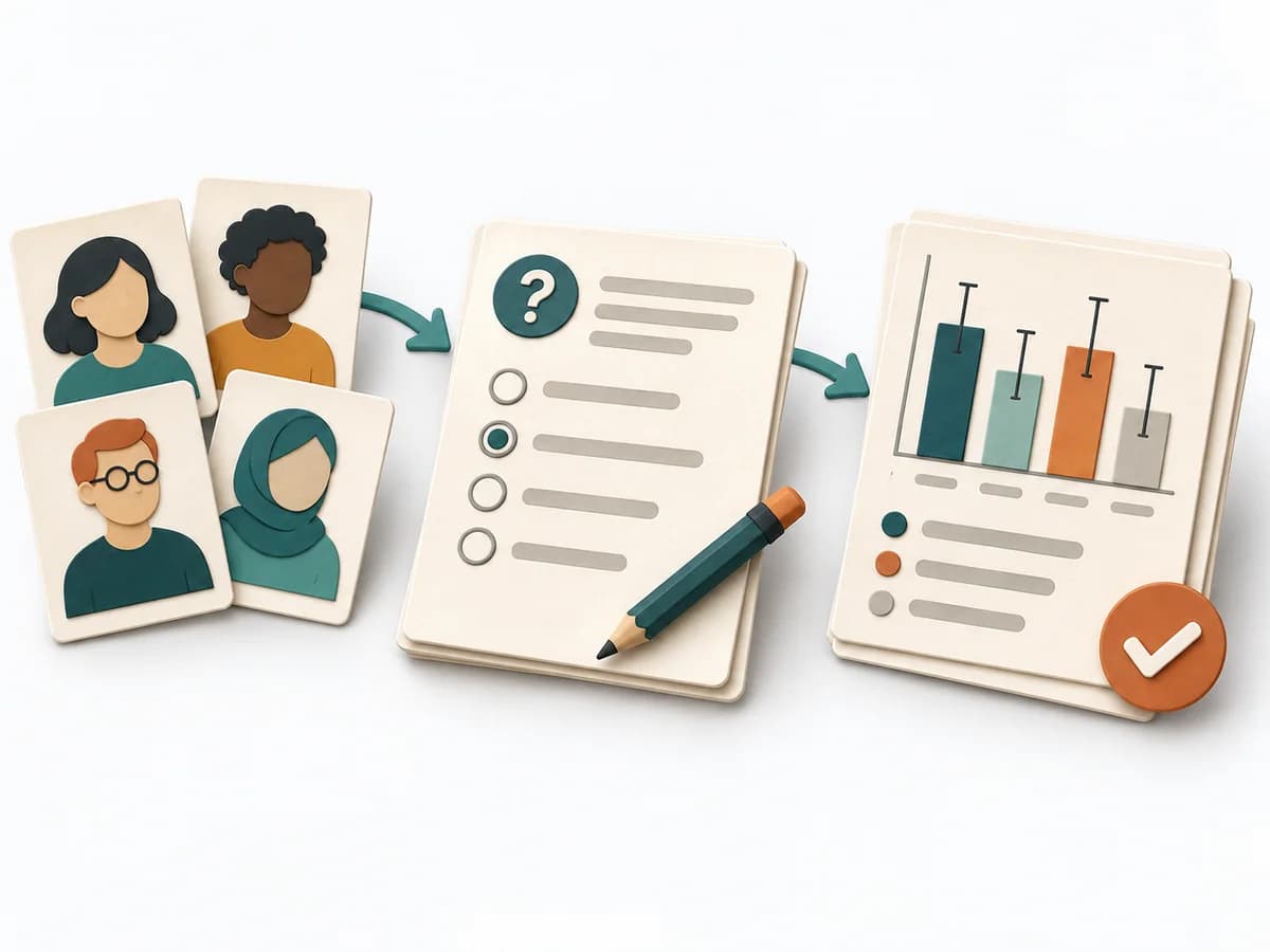 Papierillustration der Methode Surveys mit einer klaren Arbeitsstruktur.