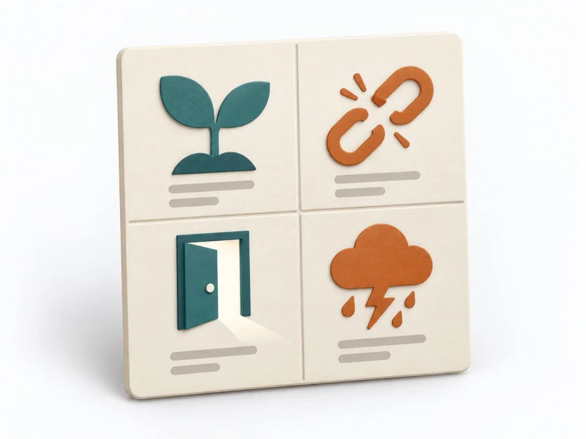 Papierillustration einer SWOT-Matrix mit vier klar getrennten Quadranten und markierten strategischen Optionen.
