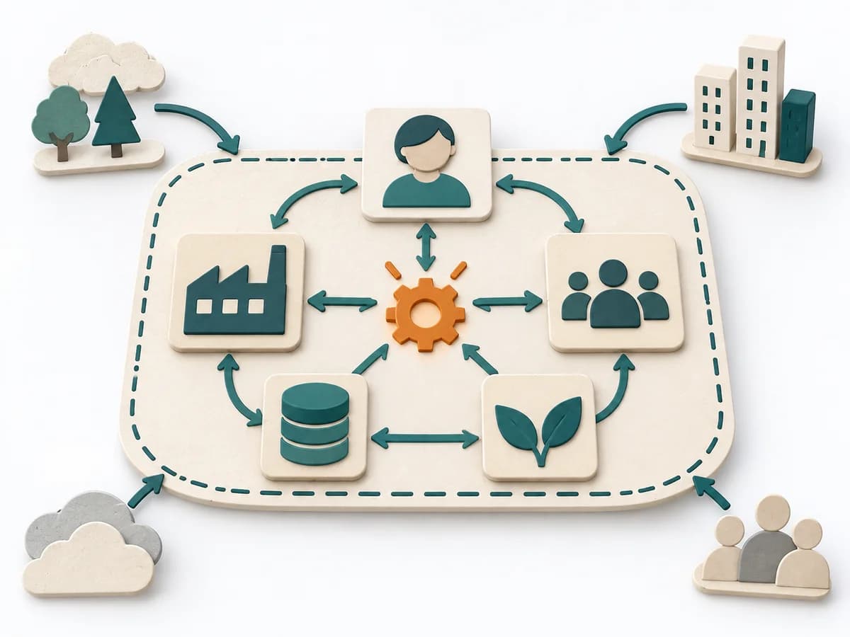 Papierillustration der Methode Systems Mapping mit einer klaren Arbeitsstruktur.