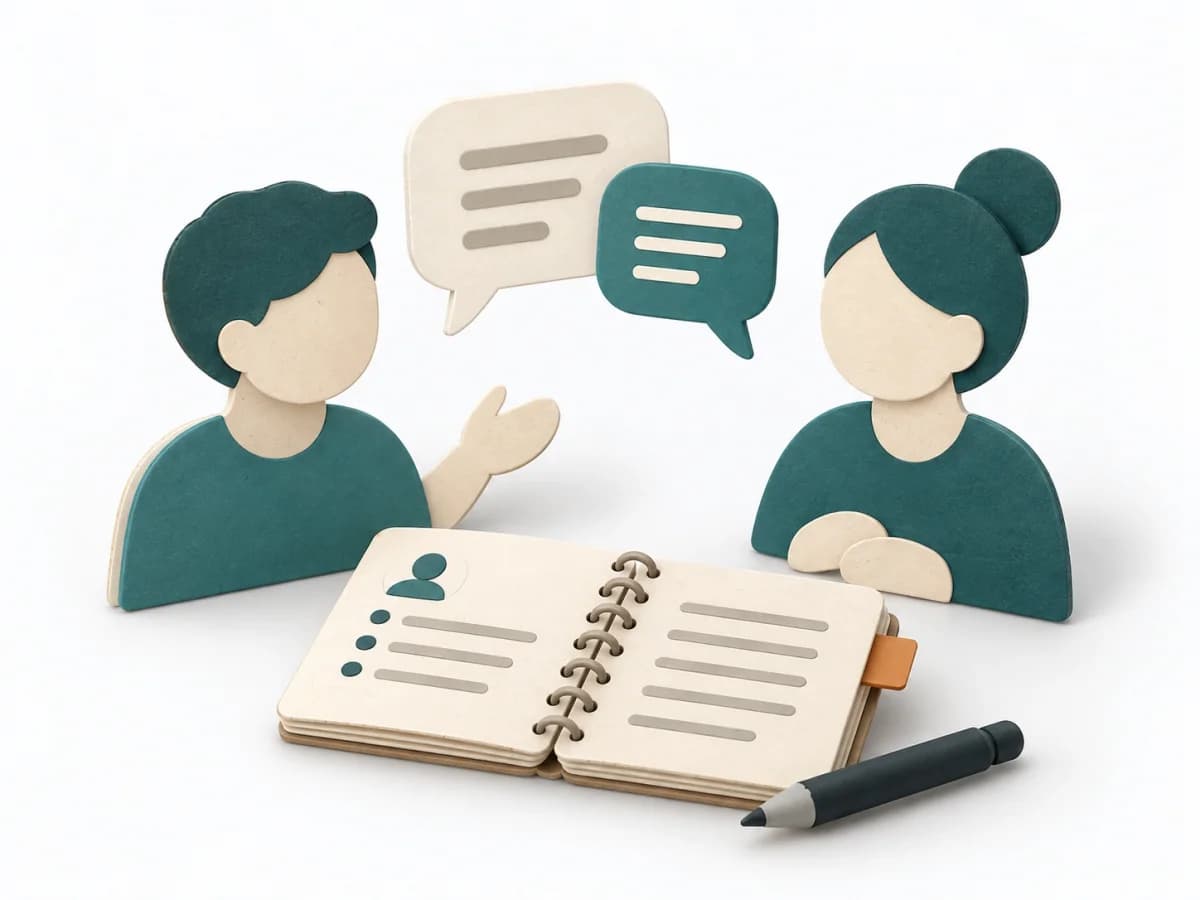 Paper illustration of two people facing each other, speech bubbles and an open interview notebook.