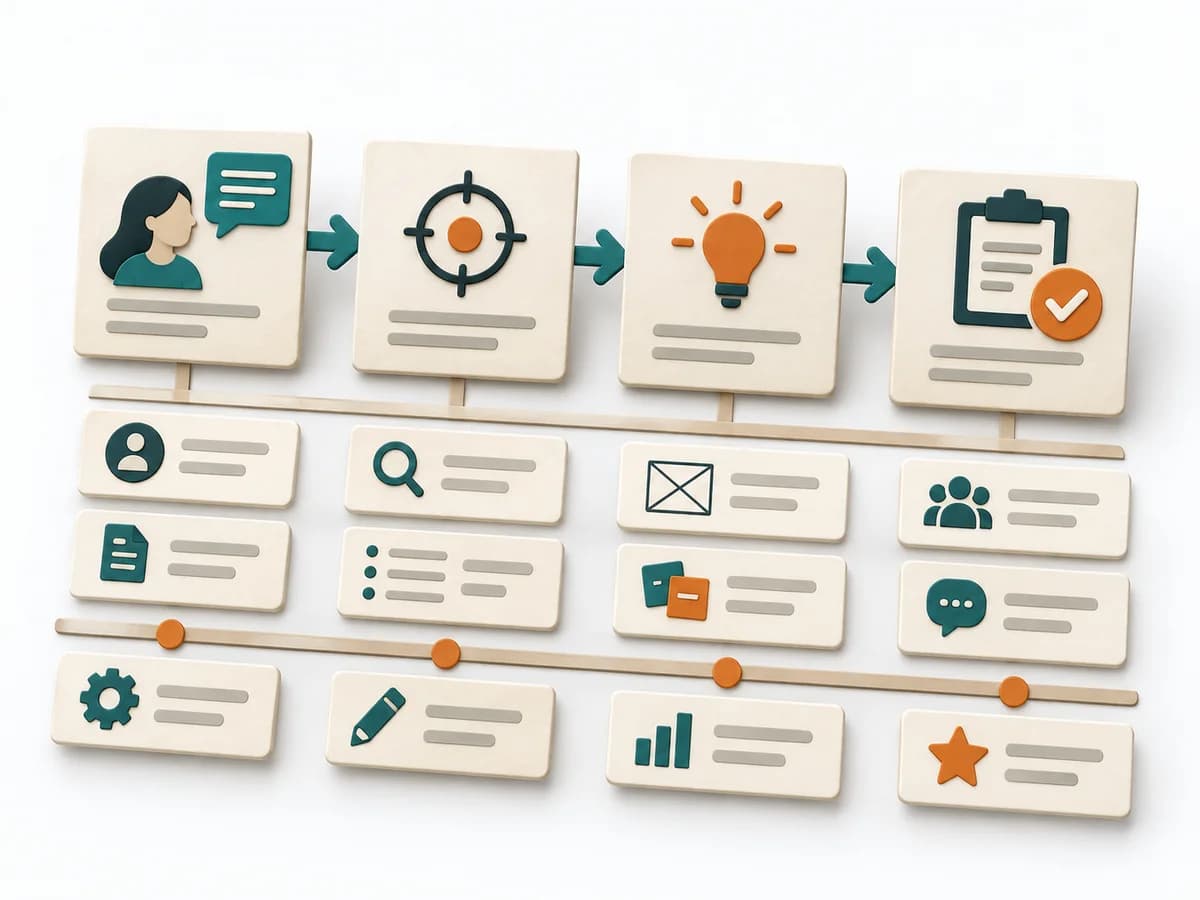 Papierillustration einer horizontalen Story Map mit Aktivitäts-Backbone, darunter angeordneten Aufgabenkarten und einer quer verlaufenden Release-Linie.
