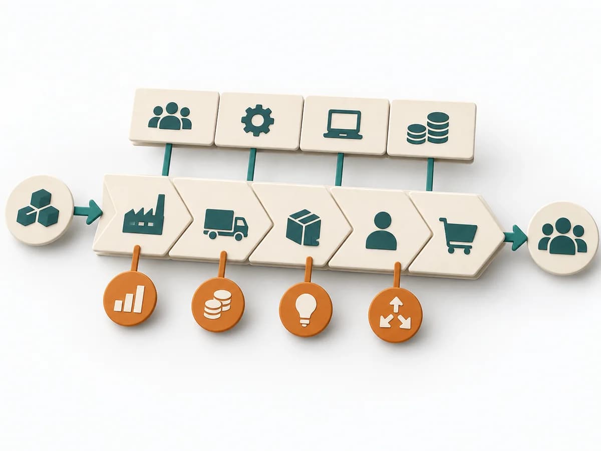 Papierillustration von Value Chain Analysis mit dem methodenspezifischen Arbeitsmodell.