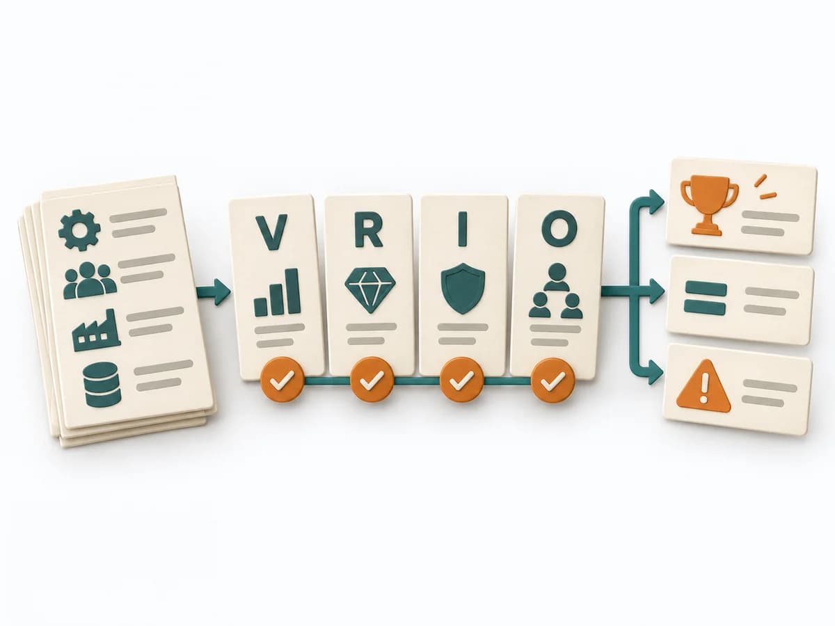 Papierillustration von VRIO Framework mit dem methodenspezifischen Arbeitsmodell.