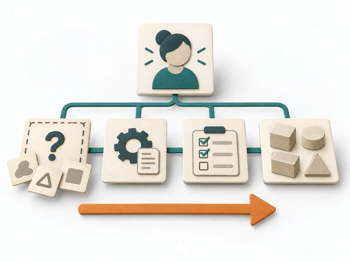 A paper-based illustration representing Wardley Mapping with its core stages and visible working result.