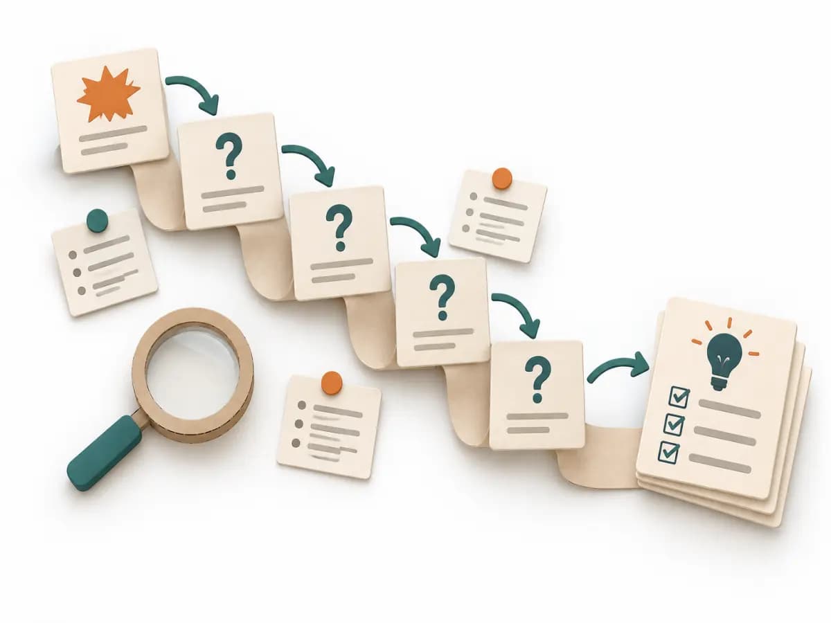 Eine 5-Whys-Arbeitsfläche verbindet ein beobachtbares Problem mit belegten Ursachen, einer markierten Unsicherheit und konkreten Gegenmaßnahmen mit Verantwortlichkeit.