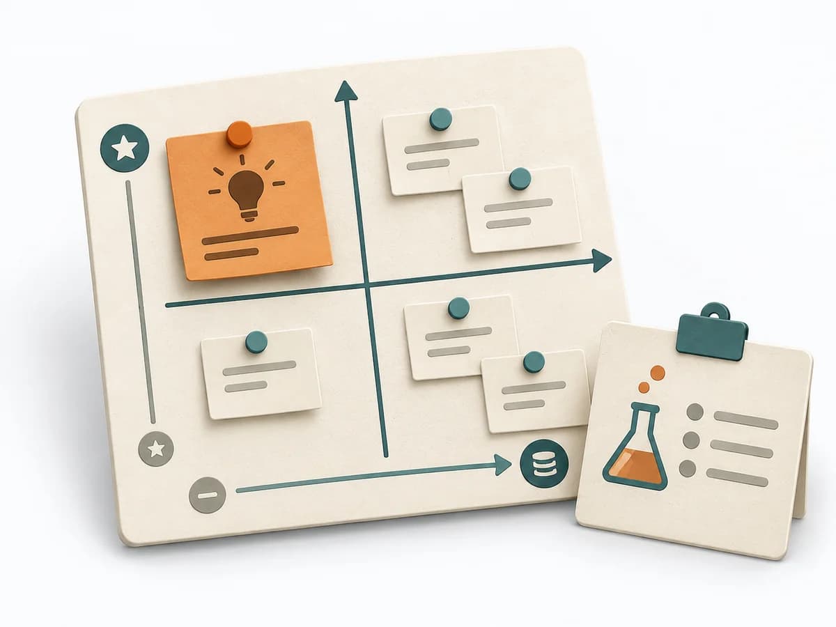 Paper illustration of a calm four-quadrant Assumption Map with hypothesis cards and emphasis on important assumptions with little evidence.