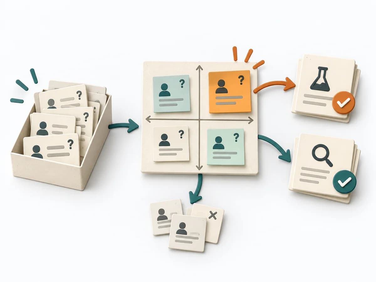 Papierillustration einer Annahmenmatrix mit priorisierten Testkarten