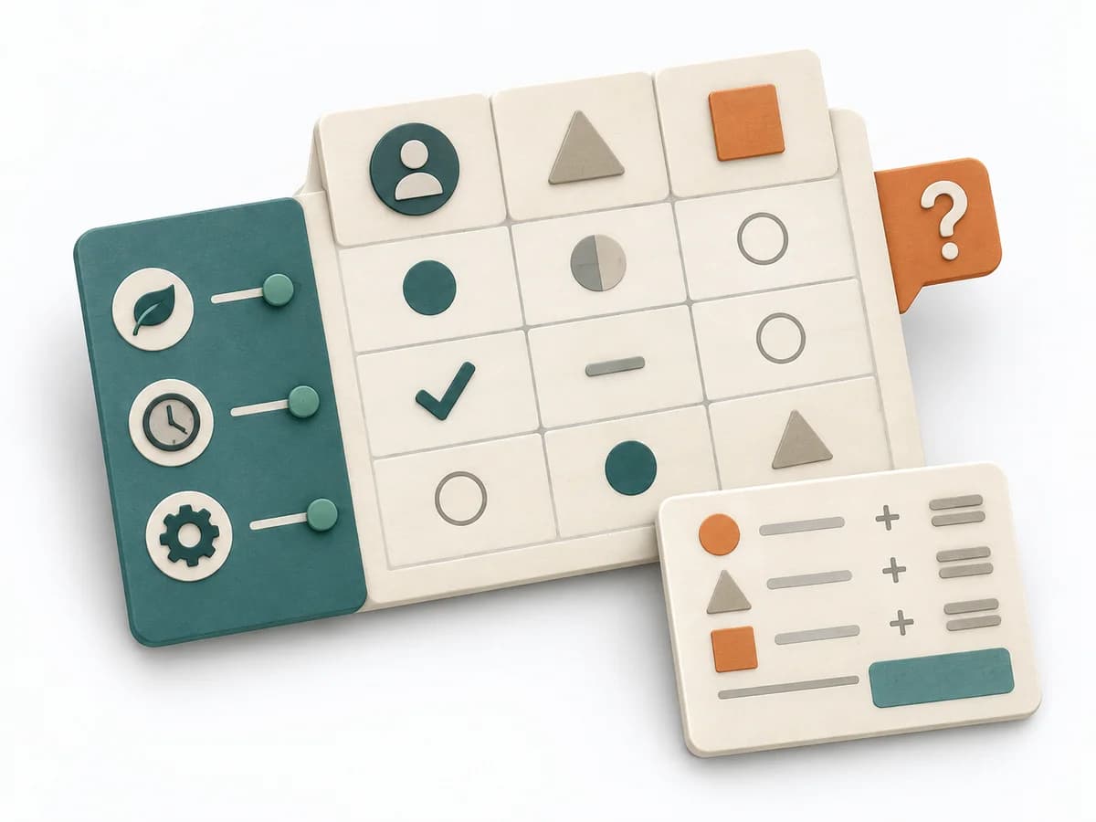 Paper illustration of a decision table with criteria rows, weighted ratings, and a narrowly leading alternative.