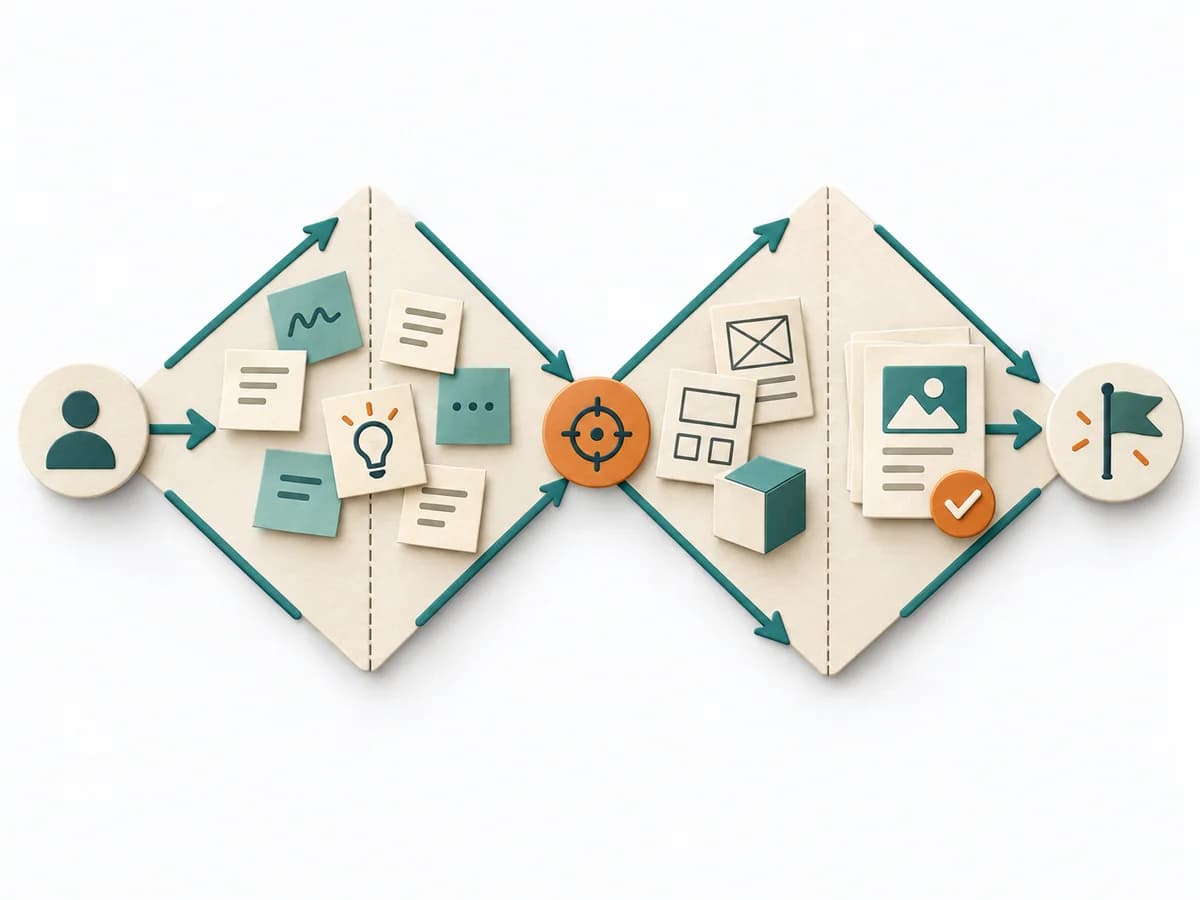 Papierillustration von Double Diamond mit dem methodenspezifischen Arbeitsmodell.