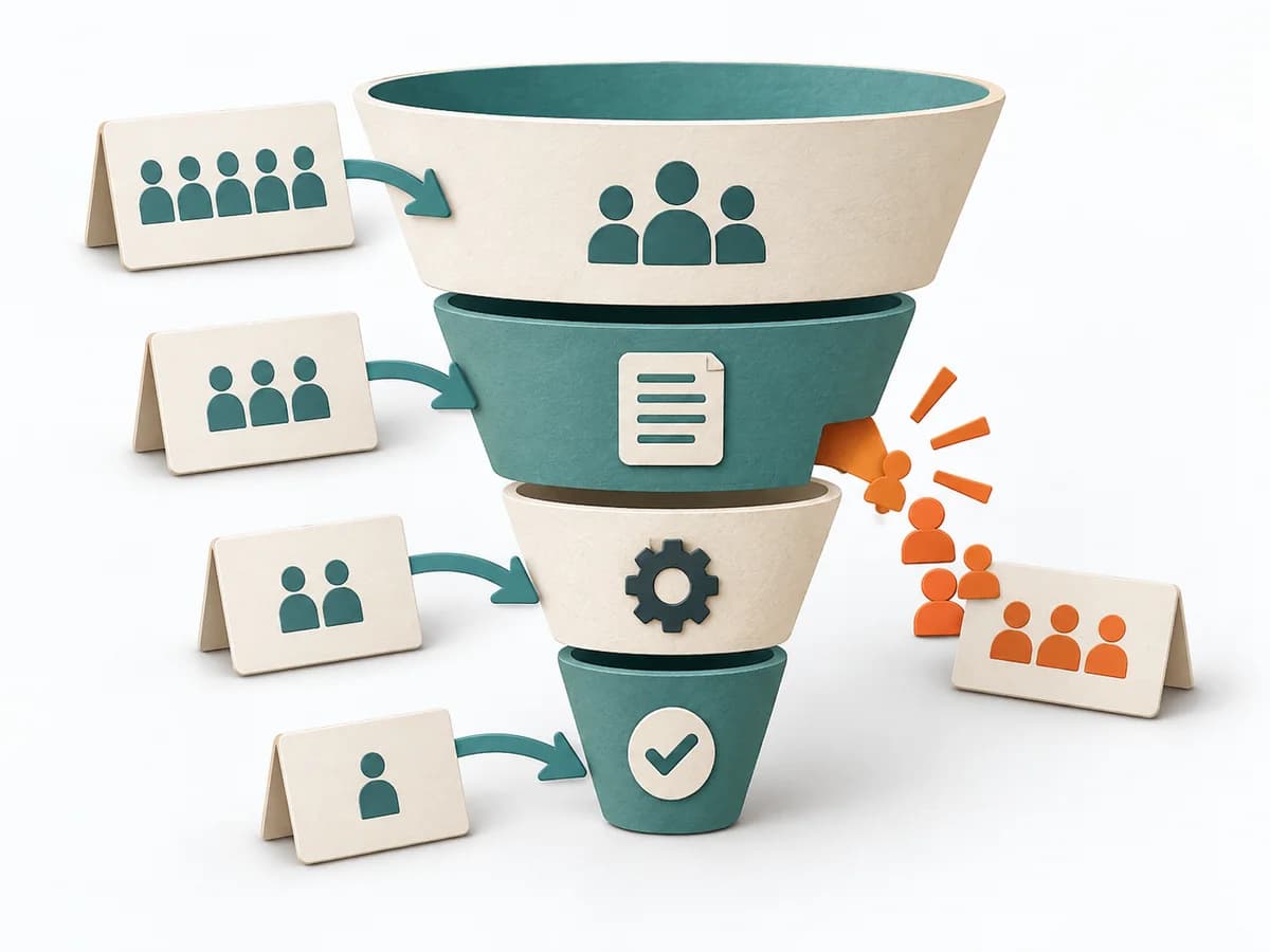 Arbeitsfläche für Funnel Analysis: Frage, Beobachtungen und nächste Entscheidung sind sichtbar.