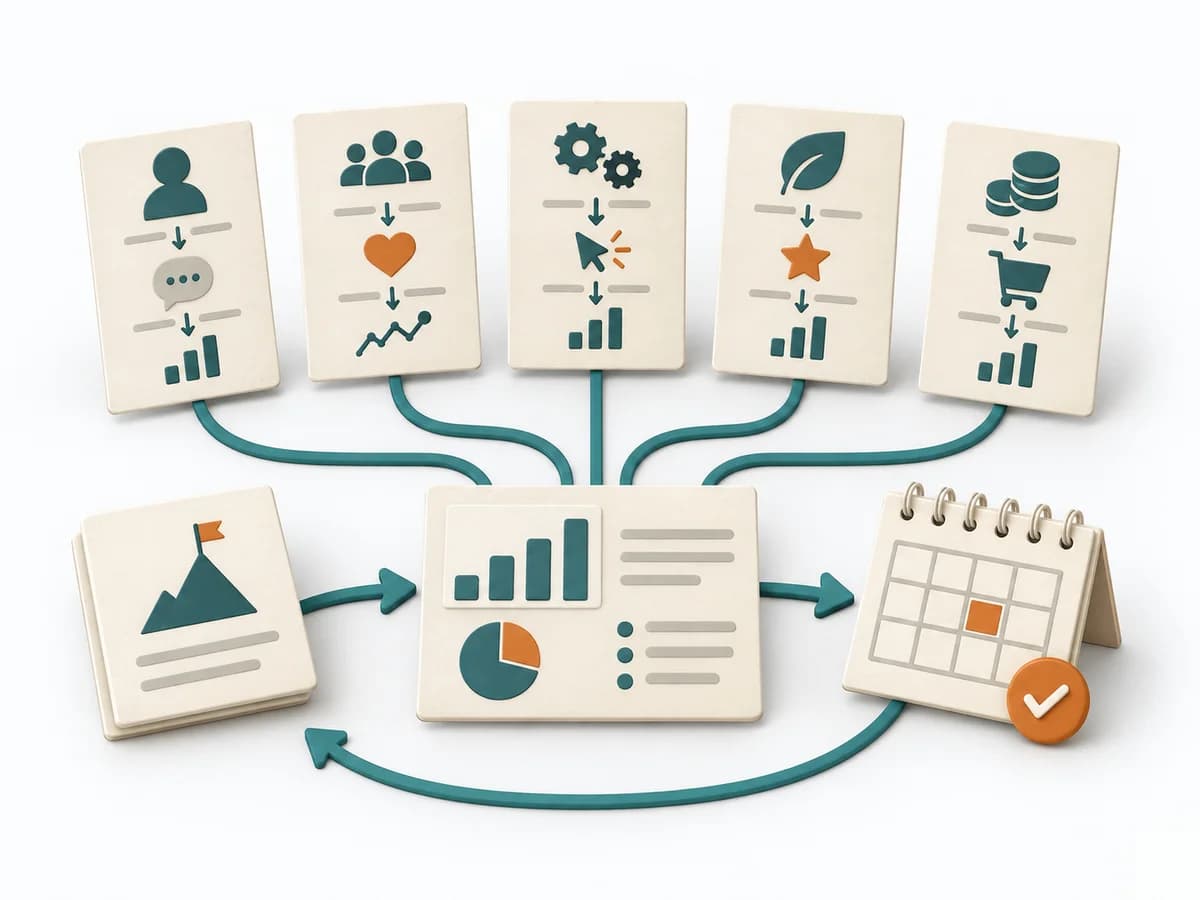 Papierillustration von HEART Framework mit dem methodenspezifischen Arbeitsmodell.