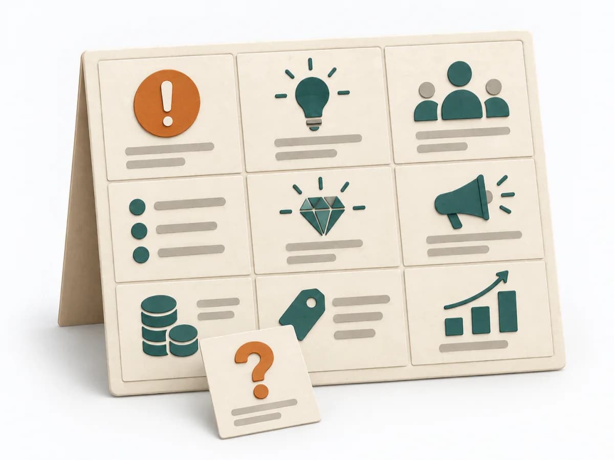 Paper illustration of a Lean Canvas with nine fields, notes, and one highlighted learning risk.