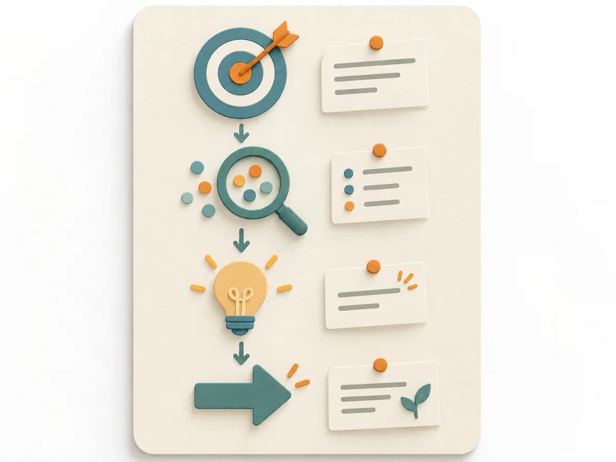 Paper illustration of a Learning Card with four fields for hypothesis, observation, insight, and action.